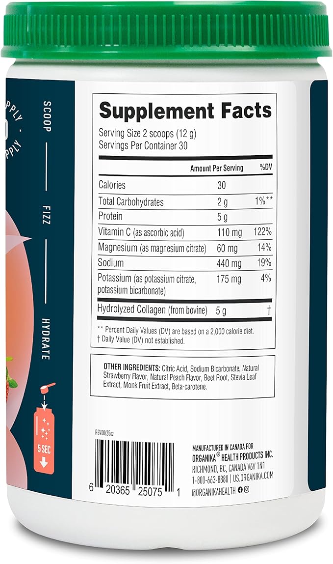 Organika Electrolytes + Enhanced Collagen- Strawberry Peach Flavor- Sugar-Free Hydration + Protein 360 Gram - 30 Servings