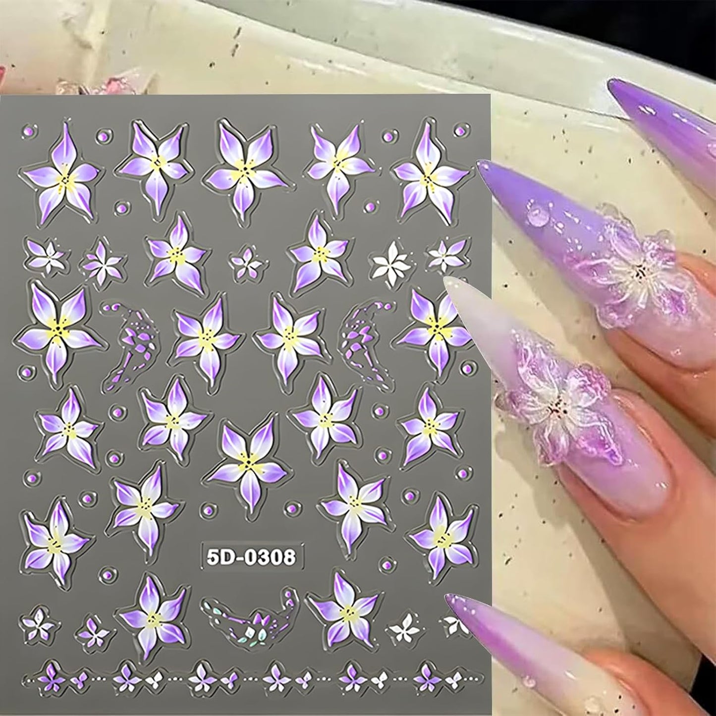 Flower Nail Stickers for Nail Art 5D Embossed Nails Decals Spring Summer Lily Decoration for Women Nails Design 3D Self Adhesive Pink Blue Green Flower Supplies