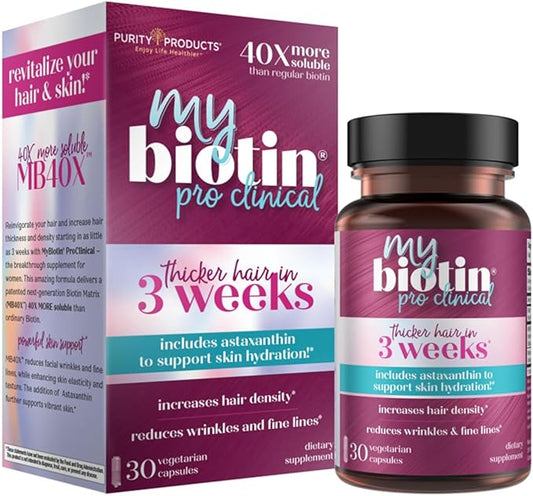 Purity Products MyBiotin ProClinical – Thicker Hair Starting in 3 Weeks & Fights Wrinkles - MB40X Patented Biotin Matrix w/Astaxanthin - 40X More Soluble vs Ordinary Biotin 30 Veg Cap