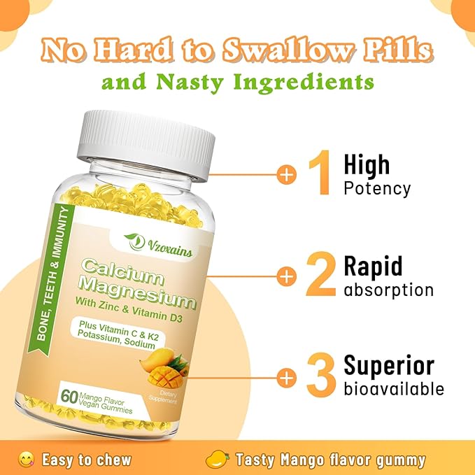 High Absorption Calcium Gummies, Sugar Free Calcium Magnesium Supplement with Vitamin D3 K2 for Bone & Teeth Strength, Muscle Function - Vegan, Mango Flavor 60 Cts