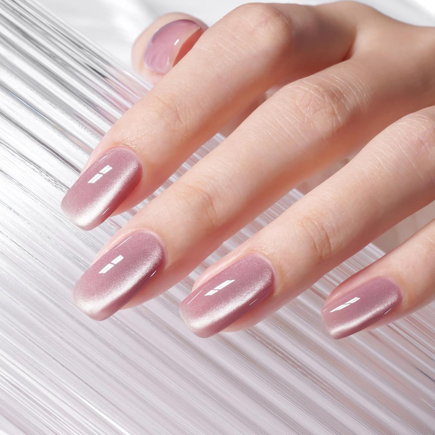 AILLSA Nude Pink Cat Eye Gel Nail Polish Shimmer Glitter Crystal Polish with Magnet, Jelly Purple Sparkle Nail Polish Reflective Translucent Color U V Gel Salon DIY at Home 0.5 OZ GF22