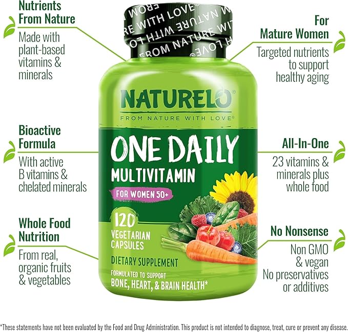 NATURELO One Daily Multivitamin for Women 50+ (Iron Free) - Menopause Support for Women Over 50 - Whole Food Supplement - Non-GMO - No Soy - 120 Capsules - 4 Month Supply