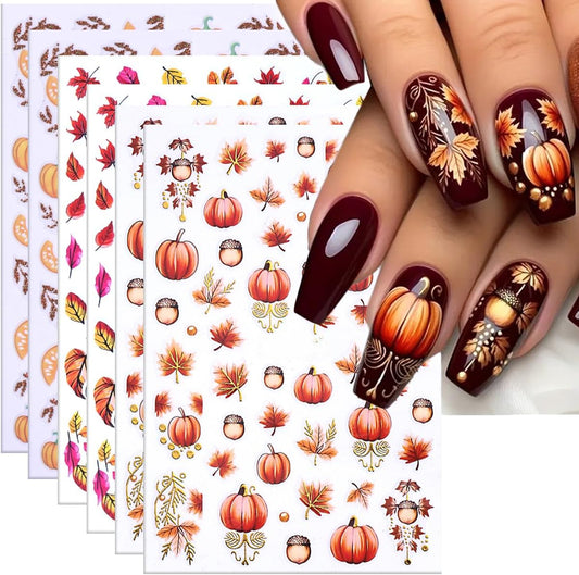 Fall Nail Stickers Maple Leaf Pumpkin Nail Art Decals Autumn Glitter Leaves Pine Nut Pumpkin Nails Design Self-Adhesive Nail Art Supplies Thanksgiving Gold Yellow Maple Leaf Stickers for Nails DIY