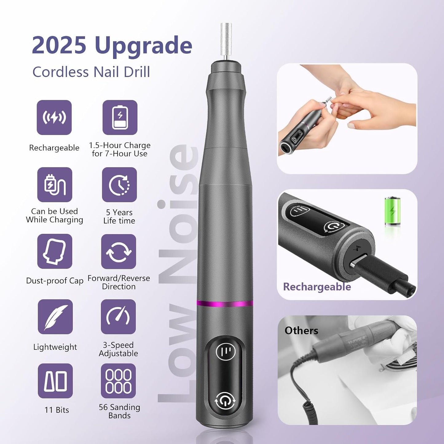 Cordless Nail Drill Electric Rechargeable File Kit, Professional Efile Acrylic Gel Nail Polish Remover Pedicure Manicure Machine Portable Set with 11 Bits 56 Sanding Bands for Salon Home Gray