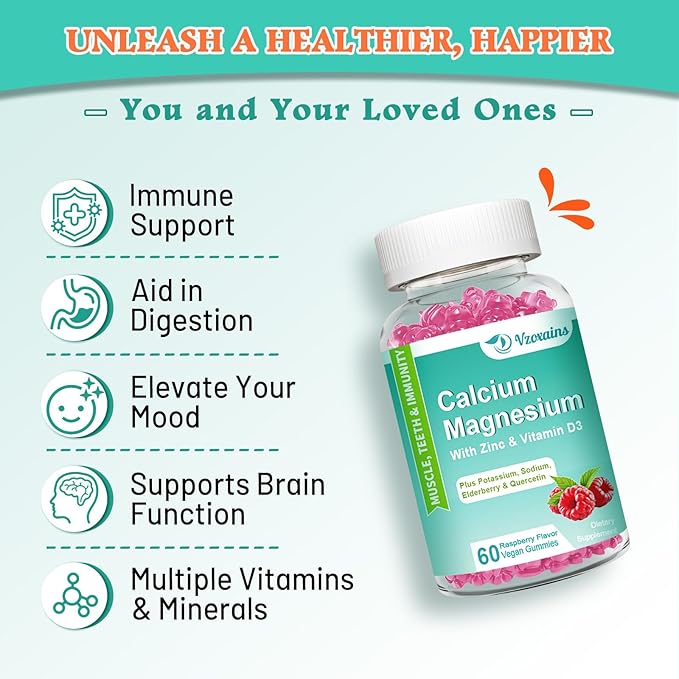 High Absorption Calcium Magnesium Zinc Gummies with Magnesium Glycinate 400mg, Sugar Free Calcium Magnesium Supplement for Bone & Teeth Strength, Muscle Function - Vegan, 60 Count