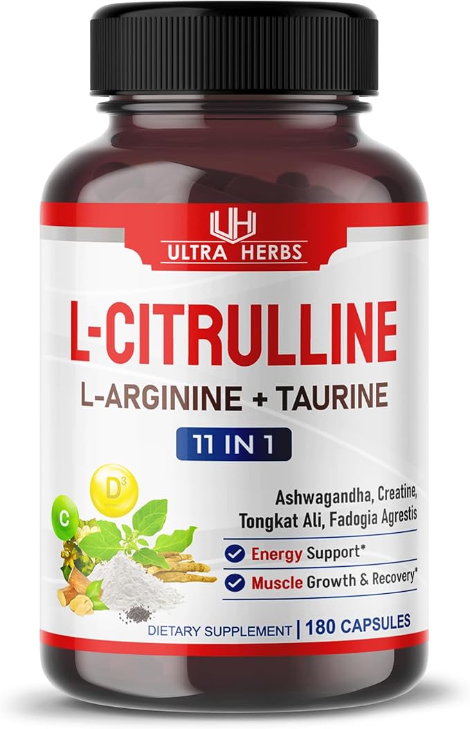 L-Citrulline Supplement Capsules Enriched with L-Arginine, Taurine, Creatine, Tongkat Ali, Fadogia Agrestis | Ultra Nitric Oxide Booster for Muscle Endurance, Stamina & Recovery | 180 Capsules