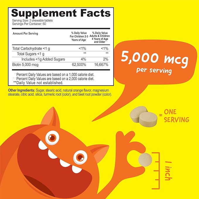 Kids Biotin 5000mcg Chewable Tablets | Tasty Biotin Supplement | Vegan Biotin Vitamins | Biotin for Hair Growth, Skin and Nail Heath | Hair Vitamins for Kids | 120 Chewables
