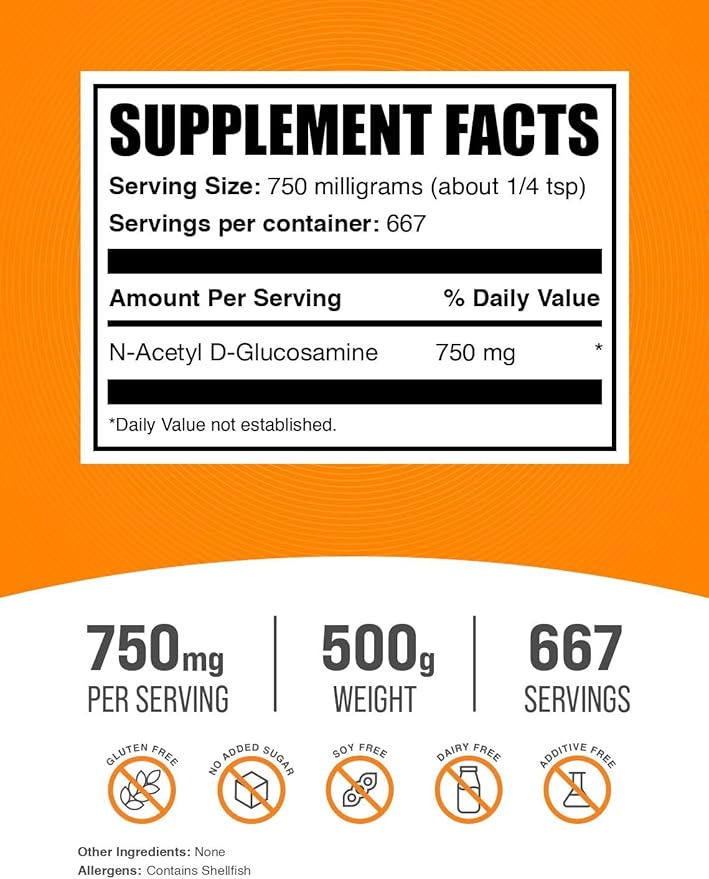 BulkSupplements.com N-Acetyl Glucosamine Powder - NAG Powder, Glucosamine 750mg, Glucosamine Supplement - Glucosamine Powder, Gluten Free, 750mg of per Serving, 500g (1.1 lbs) (Pack of 1)