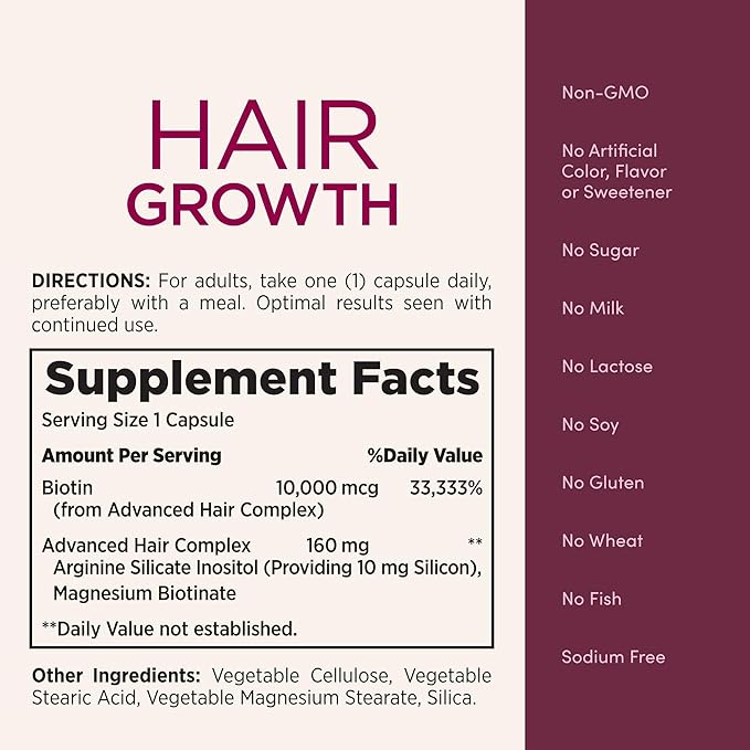 Nature's Bounty Hair Growth Supplement, 1 Per Day, Clinically Shown to Support Thicker, Fuller Hair, with Biotin, Silicon & Arginine, 30 Capsules