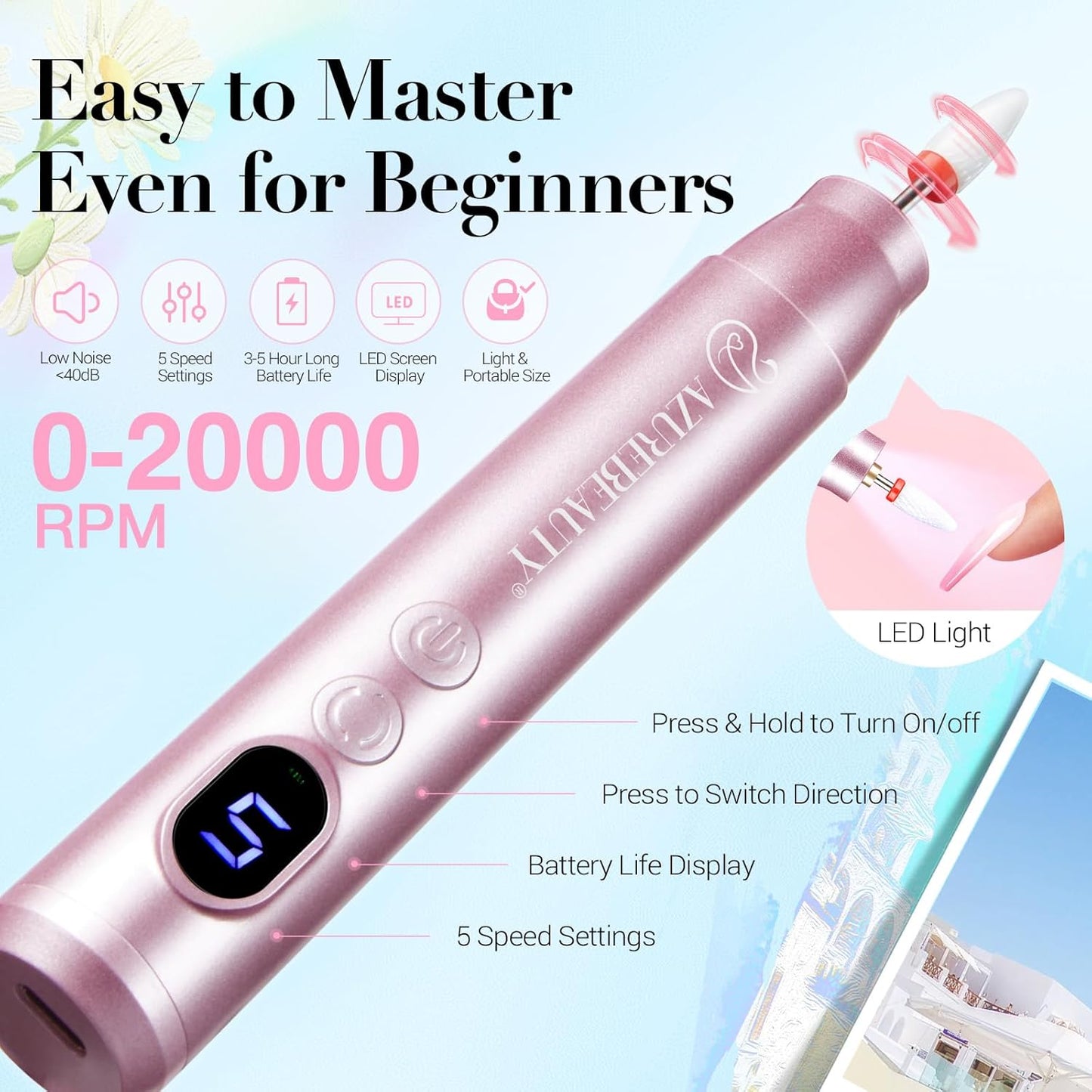 AZUREBEAUTY Dip Powder Nail Kit with Electric Nail Drill 24 Colors Pink Pastel Blue Purple Nails Starter Kit with Dip Liquids Base Top Coat Activator Portable Manicure French Nail Art Essential Set