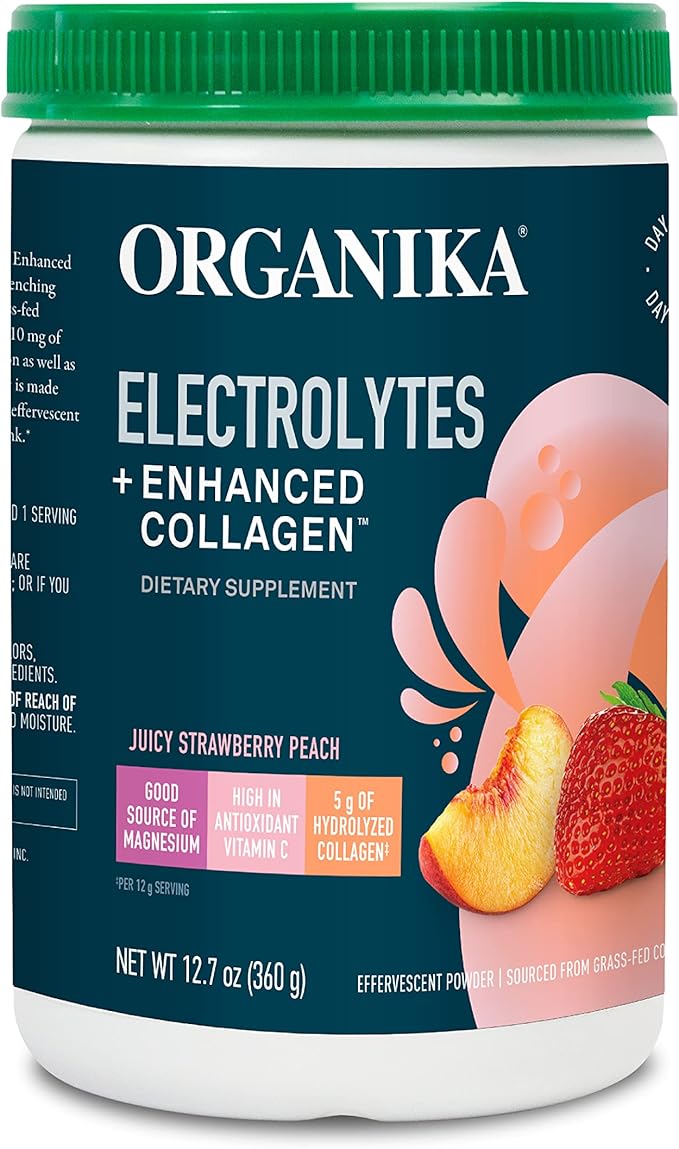 Organika Electrolytes + Enhanced Collagen- Strawberry Peach Flavor- Sugar-Free Hydration + Protein 360 Gram - 30 Servings