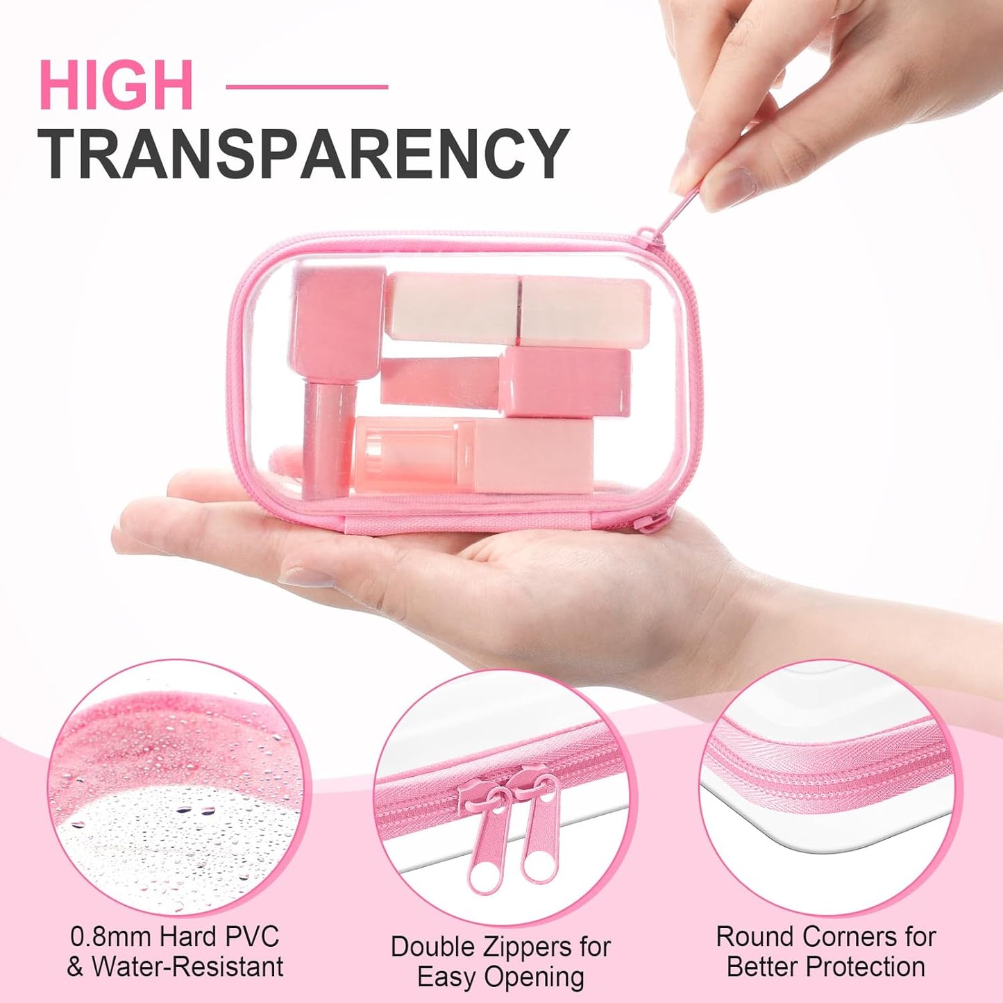 Hoolerry 3 Pcs Clear Hard Zipper Case Plastic Pouch Transparent Hard Case Clear Makeup Bag Portable Travel Organizer Bin for Cosmetics, Building Blocks, Puzzles(Pink,Xs)