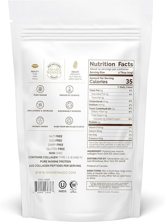 Premium Marine Collagen Powder with Type I II III and IV, Hydrolyzed Peptides for Women and Men, Sourced from Wild Fish, Certified Kosher, Unflavored, Sustainable 4.93 Oz Pouch