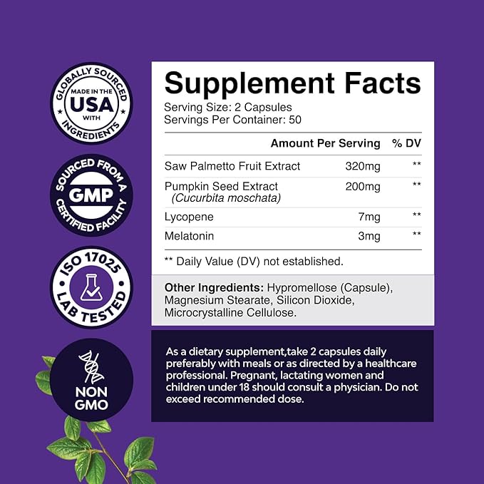 Nighttime Defense Saw Palmetto for Men - Saw Palmetto Extract Prostate Supplement for Men Help Reduce Night Urination Frequency Urgency and Overactive Bladder with Lycopene Pumpkin Seed and Melatonin