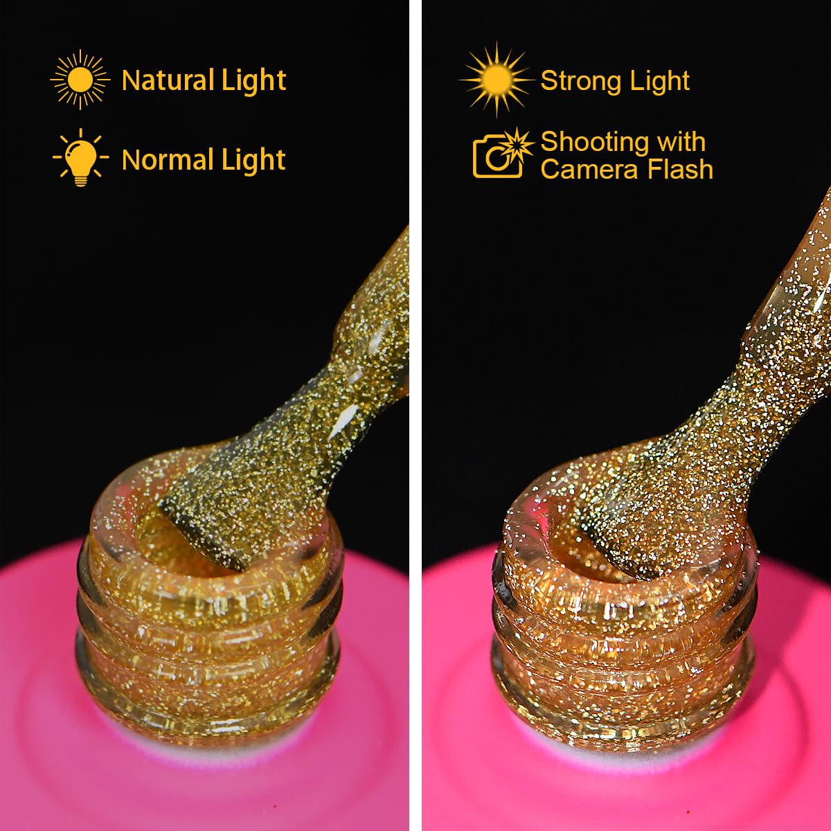 Reflective Glitter Gel Nail Polish, HEMA HPMA TPO Free, Gold Flash Diamond Shimmer, Need UV Lamp Long Lasting Salon Perfect Gel Nail 15ML for Women (Dia-001)