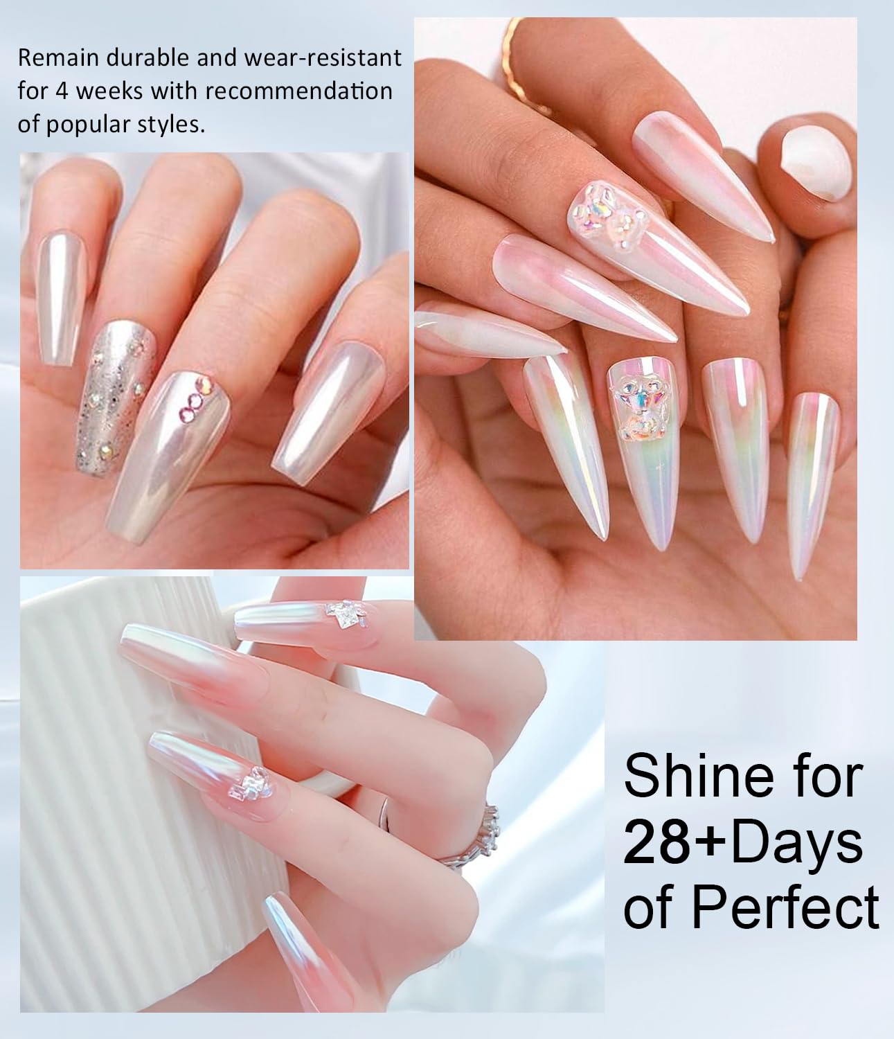 Moonlight White Chrome Nail Powder BISHENGYF - 1g Super Glossy Pearl Effect Chrome Nail Powder for Gel Nails Metallic Mermaid Pearl Nail Powde r for Nai l Art Decoration