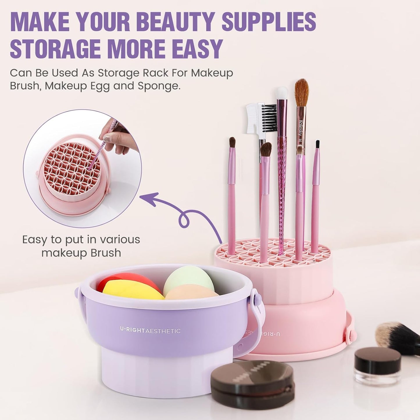 Makeup Brush Cleaner Mat 3 in 1 Silicone Makeup Brush Cleaner Bowl Cosmetic Brushes Cleaning Tool Organizer for Storage and Air Drying (Purple)