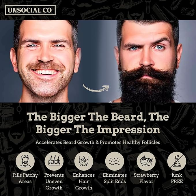 Extra Strong Beard Growth Vitamins Gummies | Biotin 10000 MCG | Promotes Facial Hair Growth for Men | Biotin Beard Grow Gummies | Strong & Thick Beard Growth Gummies for Men | Strawberry