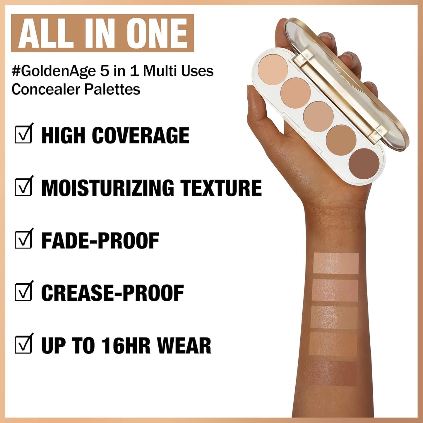 FOCALLURE #GoldenAge 5 in 1 Multi Uses Concealer Palette, 5 Colors Correcting Conceal Palette, Camouflage Contour Palettes for Dark Circles, Face Contouring Highlighter Pallet, NE02 MEDIUM-DEEP