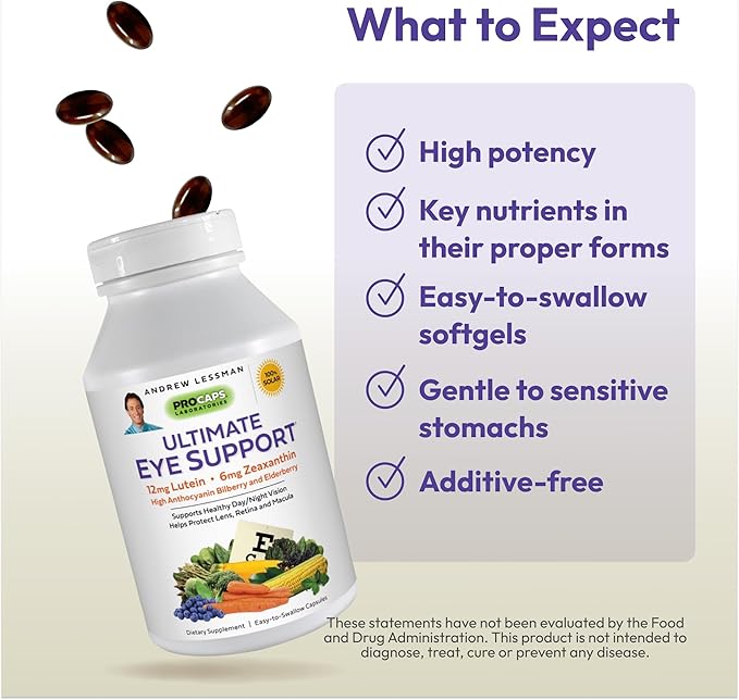 ANDREW LESSMAN Ultimate Eye Support 360 Softgels - 12mg Lutein, 6mg Zeaxanthin, Bilberry, Key Nutrients to Support Eye Health and Promote Healthy Vision. No Additives. Easy to Swallow Softgels