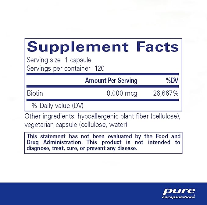 Pure Encapsulations Biotin 8 mg - B Vitamin Supplement to Aid Stress Relief, Hair, Skin & Nail Strengthening, Metabolism, Carbohydrate Support & Nervous System* - with Premium Biotin - 120 Capsules