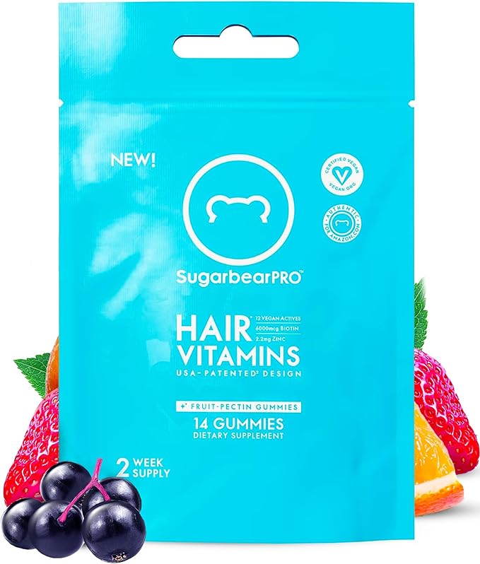 Sugarbear Hair Vitamin Gummy 14 Day Supply Extra Strength Biotin 6000mcg, Growth for Men & Women, Vegan Vitamin B12, MSM, Inositol, Omega 3, Elderberry, Certified Kosher, Halal, Cruelty-Free