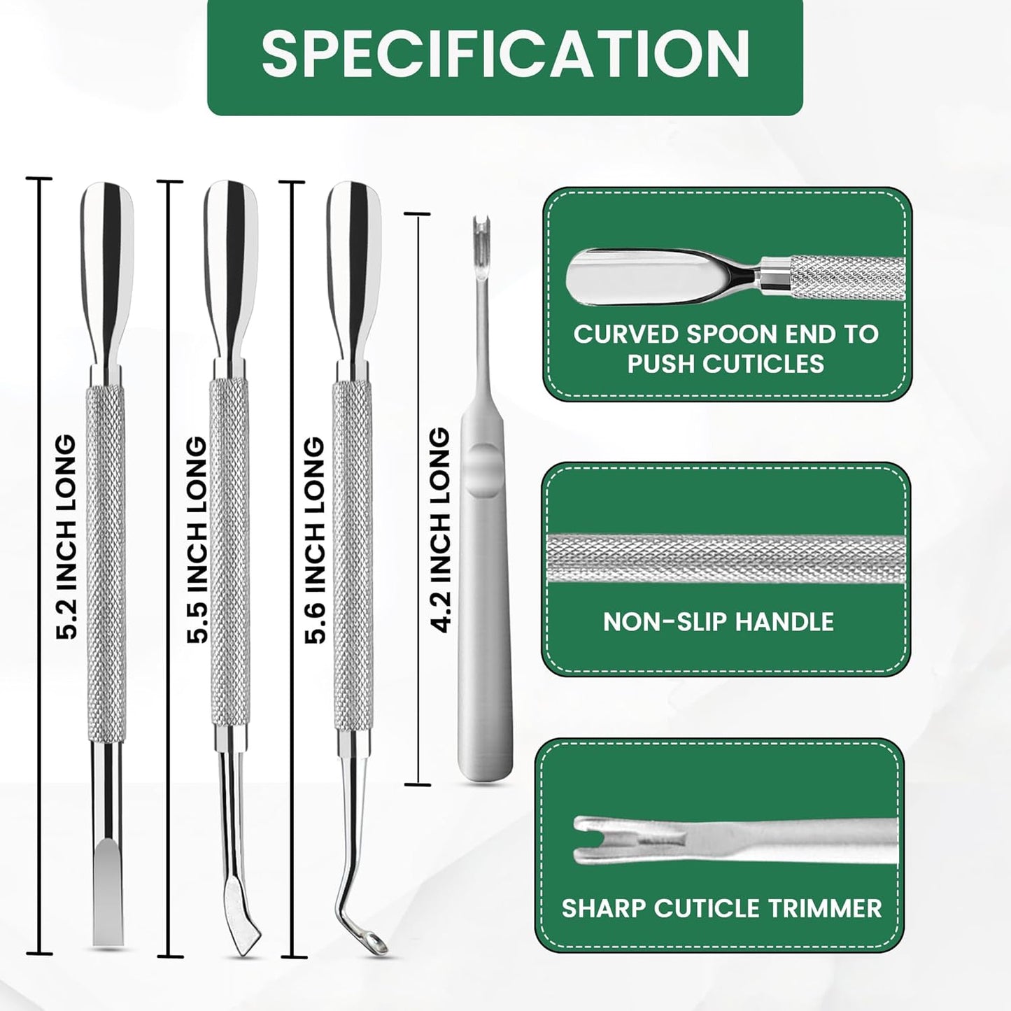 Cuticle Pusher Double Ended Sharp Edge Spoon Shaped Set, Salon Quality Stainless Steel Metal Manicure Pedicure Nail Polish Remover Cleaner Tools for Fingernails Toenails