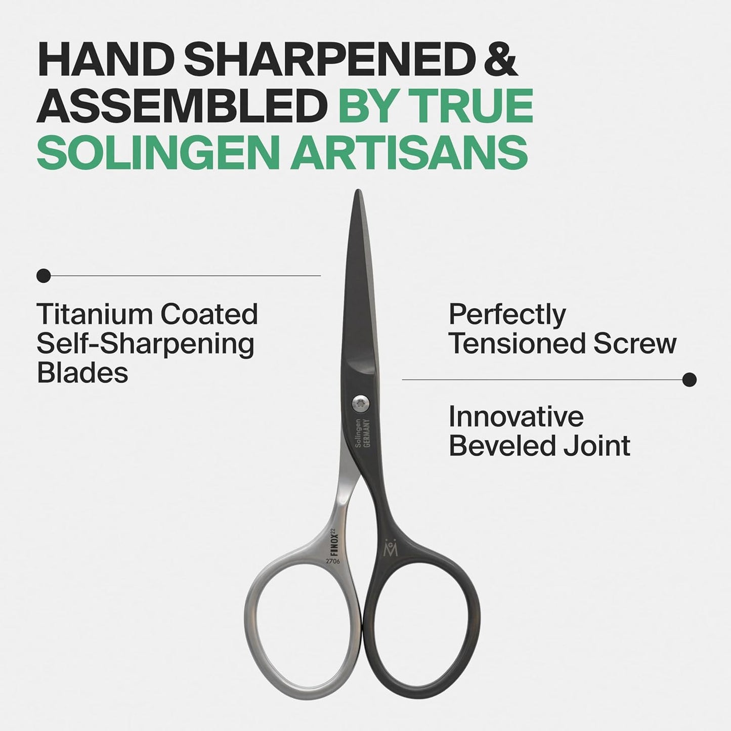 GERMANIKURE Moustache and Beard Scissors - Self-Sharpening FINOX22 Titanium Coated Stainless Steel Professional Grooming Tools in Leather Case - Ethically Made in Solingen Germany - 2706