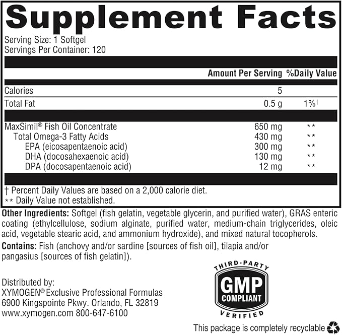 XYMOGEN Omega MonoPure 650 EC - Fish Oil with 3X Greater Absorption - DHA EPA Omega 3 Supplement for Heart Health + Cognitive Support (120 Softgels)