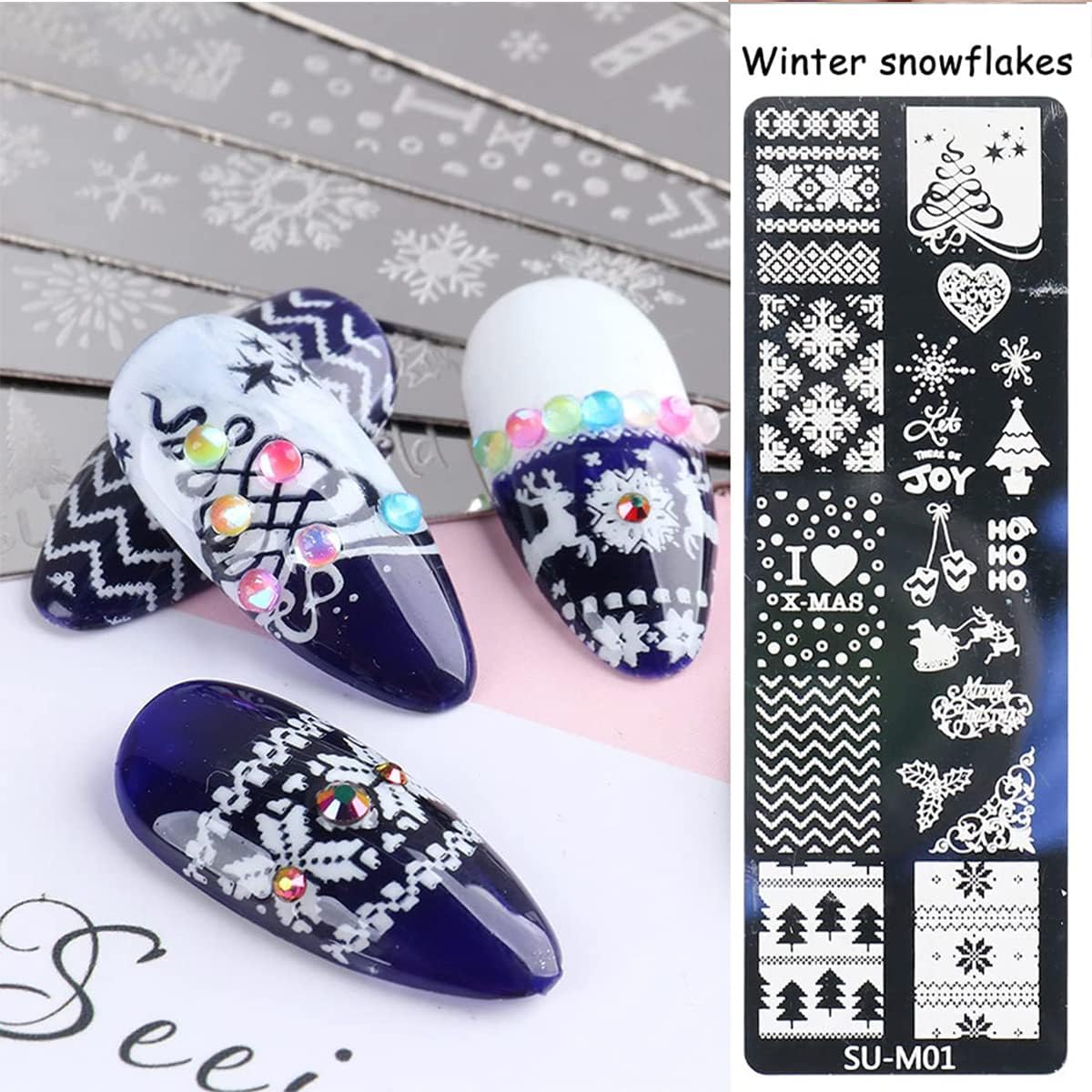 6Pcs Christmas Nail Stamp Template Kit 1 Silicone Stamper 1 Scraper Winter Snowflakes Nail Art Stamping Plates Xmas Snow Deer Bells Pine Tree Nail Stamping Image Stamp for Women Nail Art Supplies