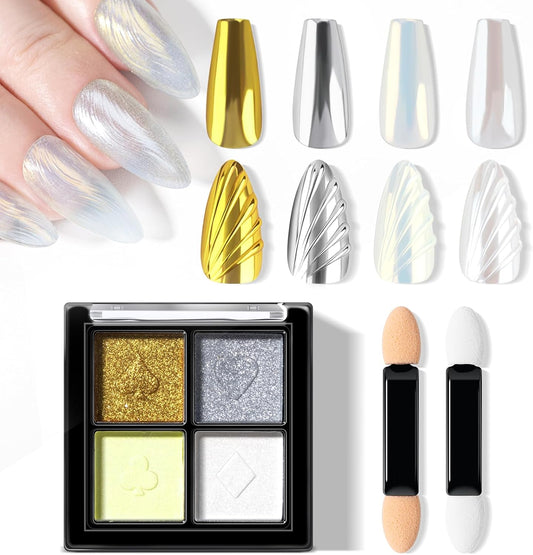 NXJ INFILILA Pearl Chrome Nail Powder Kit, Chrome Pallete for Nails 4 Colors - Gold, Silver, Moonlight White, Iridescent Yellow, Pearl Mermaid Aurora Effect Pigment for Gel Polish, Gift for Women