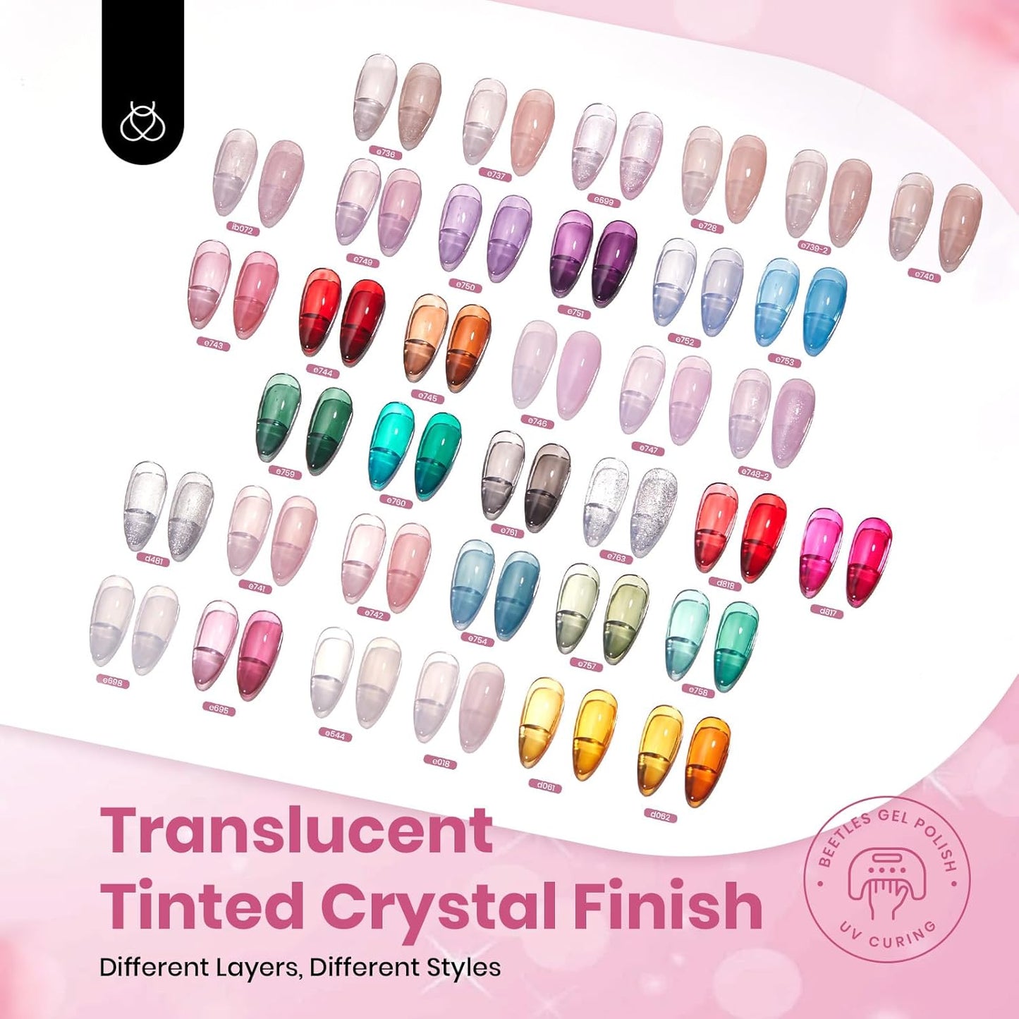 Beetles Jelly Gel Nail Polish Set, 53PCS 36 Colors Jelly Pink Milky White Red Black Blue Green Silver Cat Eye Base Glitter Glossy Matte Top Coat Crystal Ice Collection French Nails Gift for Women