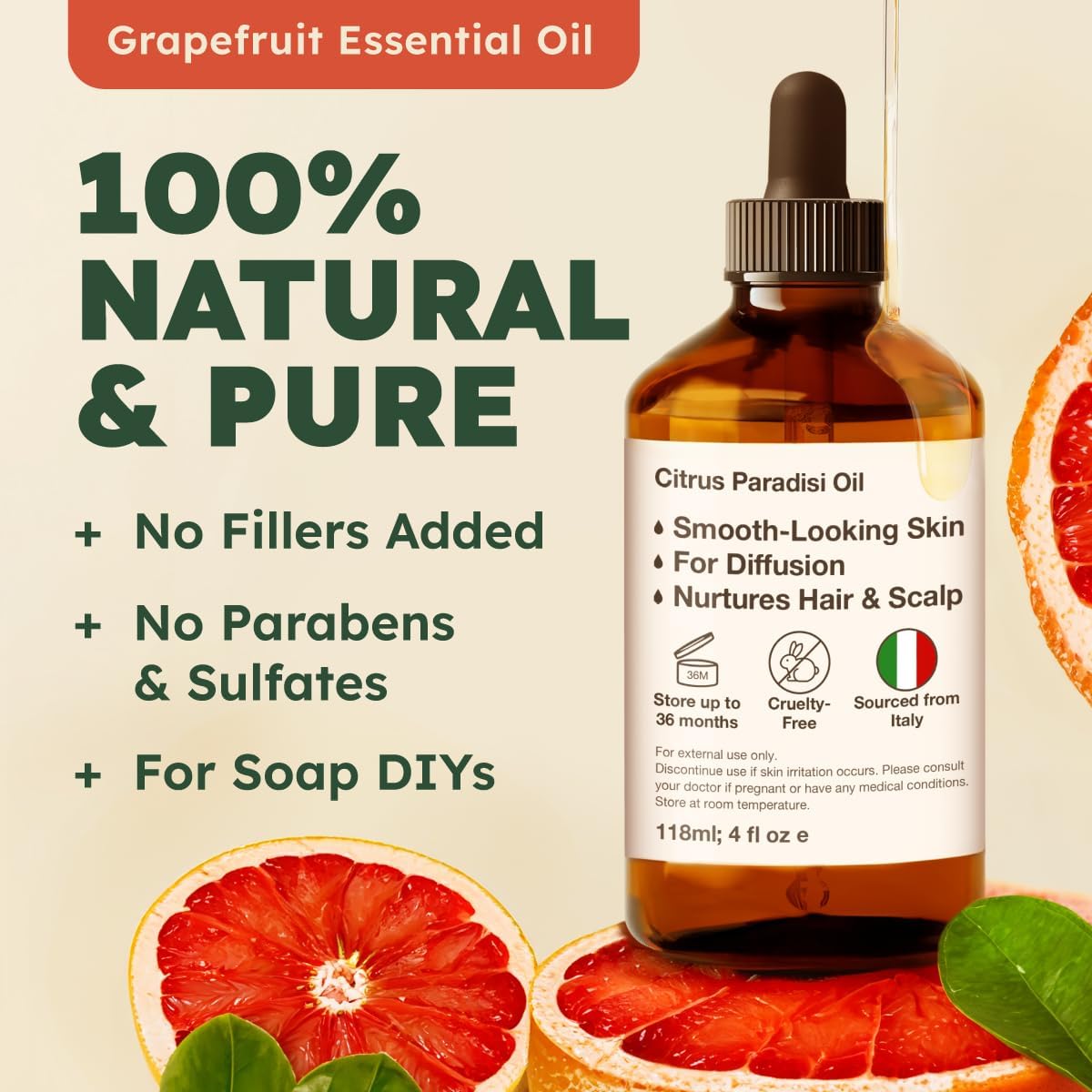 Kukka Grapefruit Essential Oil for Skin - 4 Fl Oz - Aromatherapy Grapefruit Oil for Diffuser & Hair, DIY Soap Making Scents