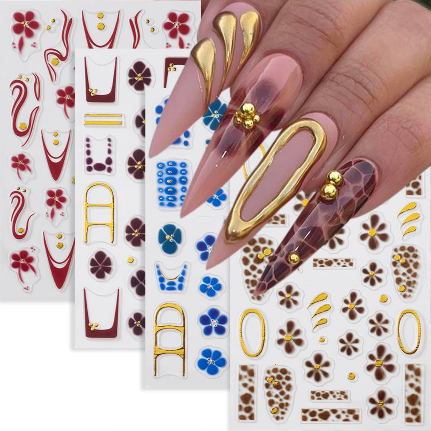 5 Sheets Autumn Winter Flower Nail Art Stickers 3D Self-Adhesive Nails Stickers Floral Strawberry Daisy Pattern French Tip Design Wine Red Brown Blue Gold 3D Decals Women DIY Nail Art Decoration