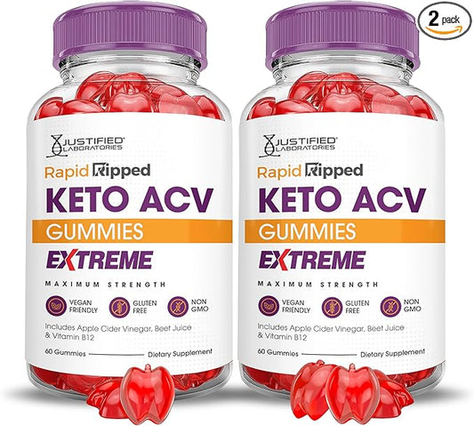 (2 Pack) Rapid Ripped Keto ACV Gummies Extreme 2000MG Rapidripped Keto Gummies Apple Cider Vinegar Formulated with Pomegranate Beet Juice Powder B12 Vegan Non GMO 120 Gummys
