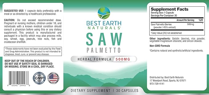 Best Earth Naturals Saw Palmetto 500 mg to Support Hair, Prostate, Urinary Tract 30 Count