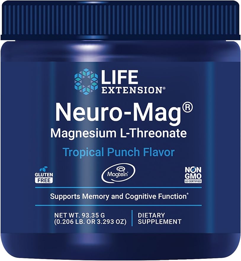 Life Extension Neuro-Mag Magnesium L-Threonate Powder (Tropical Punch) - Ultra-Absorbable - Supports Memory, Focus, Cognitive Function & Mood - Gluten No, Non-GMO, Vegetarian (30 Servings)