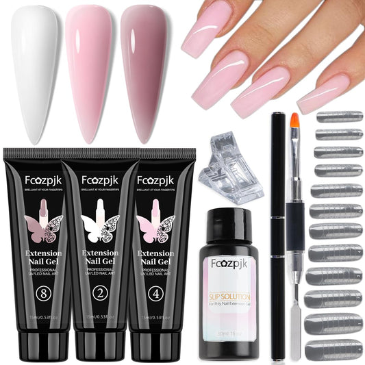 Poly Gel Kit - White Mauve Nude Pink Builder Gel Set With Slip Solution and Dual Nail Forms