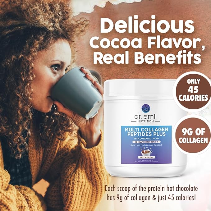 DR. EMIL NUTRITION Collagen Peptides Powder - Hot Cocoa Flavored Collagen Powder for Women - Collagen Supplements for Hair, Skin & Nails with Hyaluronic Acid - 9g Protein per Serving