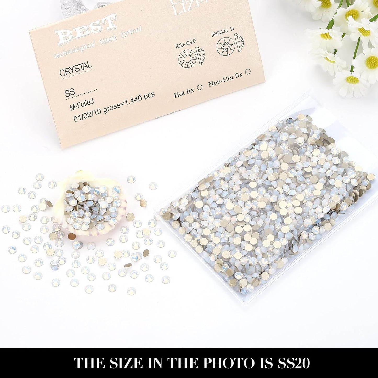 Novani White Opal Rhinestones 1440pcs Flat Back Round Rhinestone Style 2088 Sparkly Crystal Gemstones for Nail Art and Crafting SS20,4.6-4.8mm