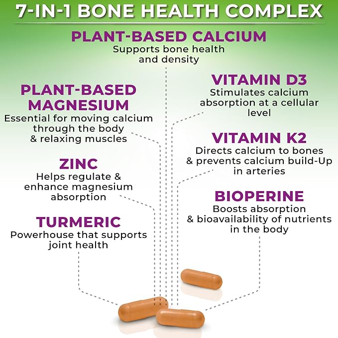 Plant-Based Calcium 500mg (Aquamin) - Vegan Calcium Magnesium Zinc D3 + Vitamin K2, Organic Turmeric & BioPerine - Supports Enhanced Bone Health & Strength for Women and Men - 180 Count