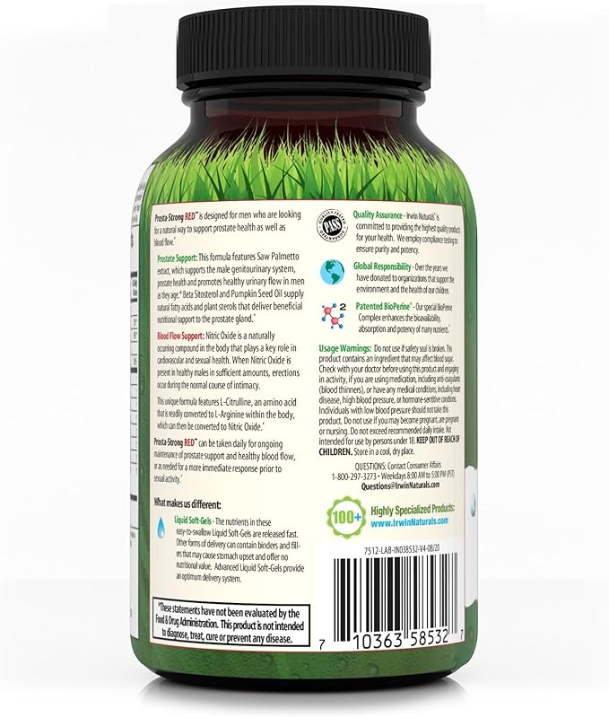 Irwin Naturals Prosta-Strong RED with Nitric Oxide Boosters - Prostate Health Support - Saw Palmetto, Lycopene, Pumpkin Seed & More - 80 Liquid Softgels