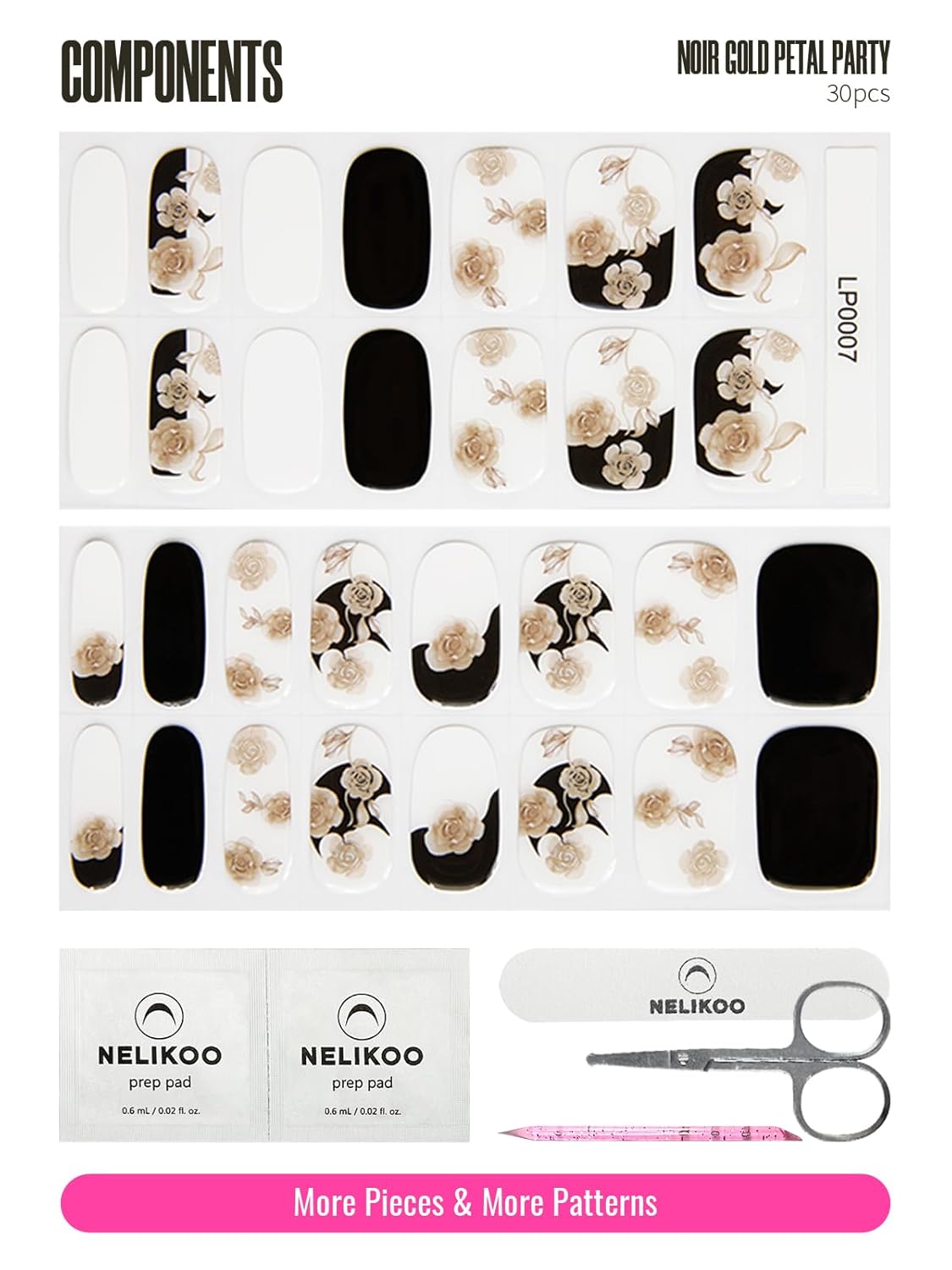 Semi Cured Gel Nail Strips, 30 pcs Gel Nail Wraps, Easy to Apply, Salon-Quality, 2 Weeks Long Lasting (Noir Gold Petal Party)