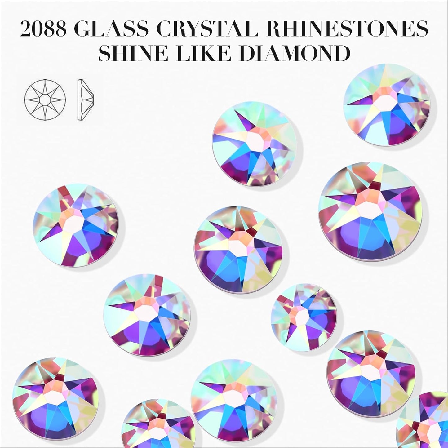 Novani Crystal AB Rhinestones Flat Back Round Rhinestone Style 2088 Sparkly Crystal Gemstones for Nail Art and Crafting,Mix Size(SS6-SS40)