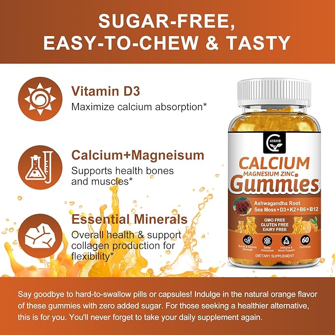 1200mg Calcium Gummies with Vitamin D3,K2,B12 & B6 - Plant Complex Calcium Magnesium Supplement with Glycinate,Potassium,Sea Moss,Ashwagandha Root for Bone & Teeth Strength, Muscle & Immune