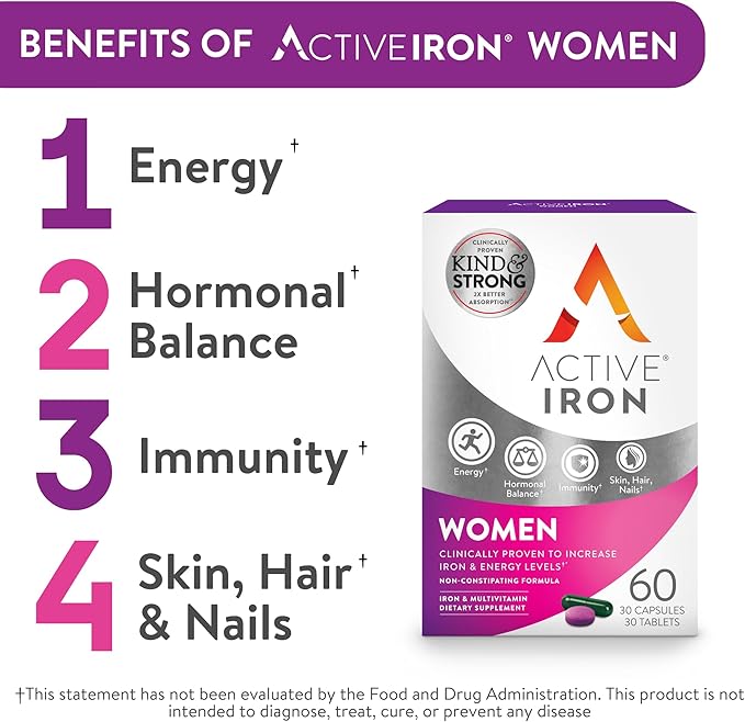 Active Iron for Women, Non-Constipating, 30 Active Iron High Potency Capsules with 30 Multivitamin Tablets, Helps Strengthen Your Immune System, 2 Pack