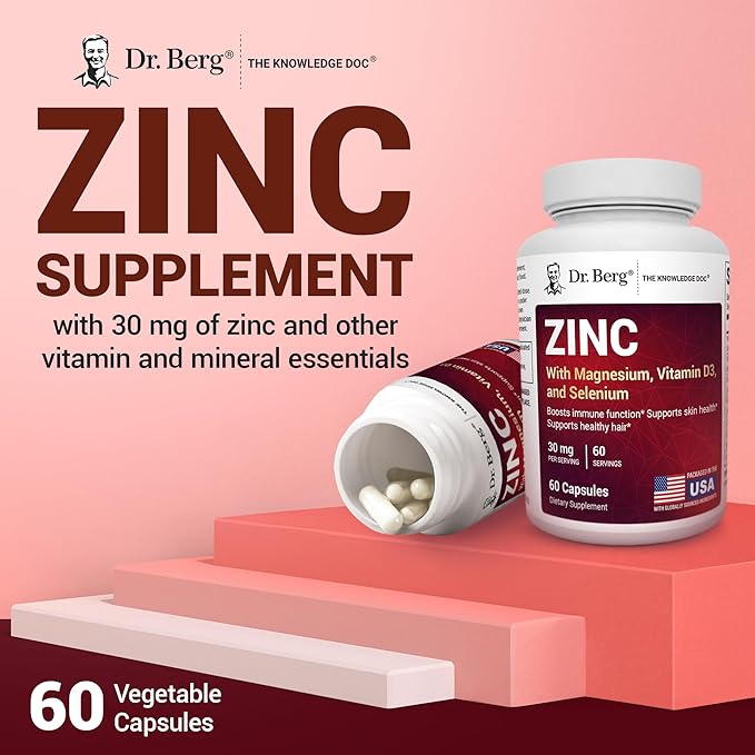 Dr. Berg Zinc 30mg Enhanced with Magnesium, Vitamin D3, Selenium, & Copper - Zinc Supplements for Men & Women - Chelated Zinc for Immune, Skin, Hair, & Nails Support* - 60 Capsules