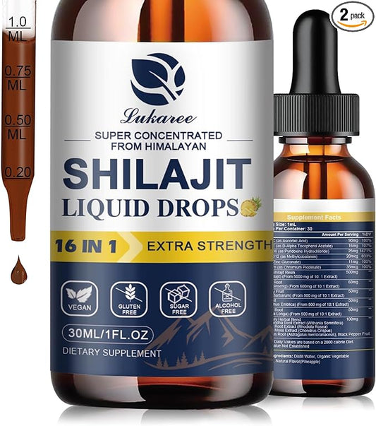 (2 Pack) 16 in 1 Shilajit Resin Liquid Drop, Shilajit W/Ginseng, Turmeric, Rhodiola, Wolfberry, Amla & Vitamins, Shilajit Supplement for Men & Women with 85+ Trace Minerals & Fulvic Acid, 1 Fl Oz
