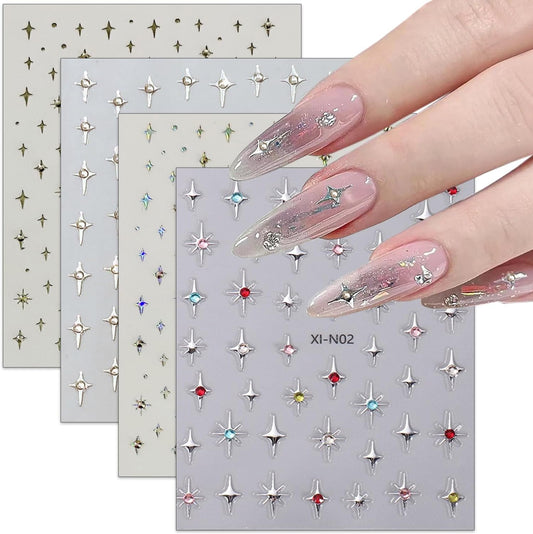 Shiny Star Nail Stickers for Nail Art,Glitter Star Nail Rhinestones Design Nail Decals Holographic Gold Silvery Stars Nail Supplies 3D Self-Adhesive Star Sticker Charms for Nail Decoration