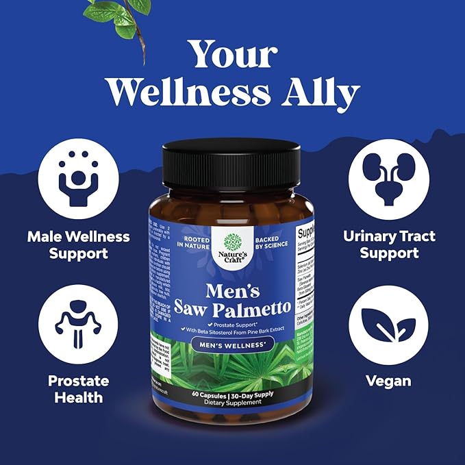 Saw Palmetto for Men with Beta Sitosterol - Saw Palmetto Extract Prostate Support Supplement for Men's Health & Better Bladder Control plus Restoring Hair Supplement for Hair Health for Men - 60ct